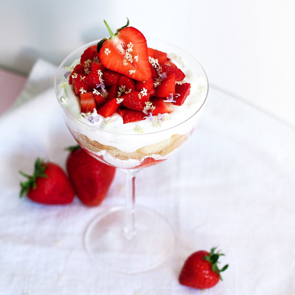 Erdbeer-Tiramisu mit Gundermann und Holunderblütensirup